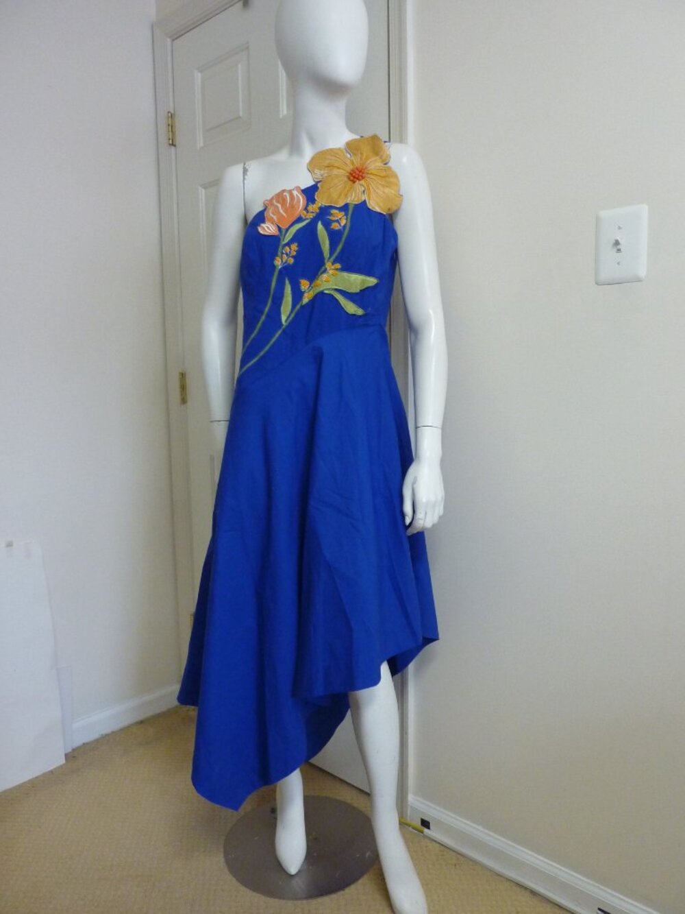 Anthropologie Blue Asymmetric Midi Dress with Yellow Floral Applique - Picture 6 of 8